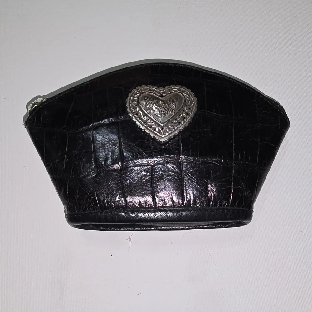 Brighton Vintage Crocodile Black Leather Heart-Embellished Women's Accessory Bag
